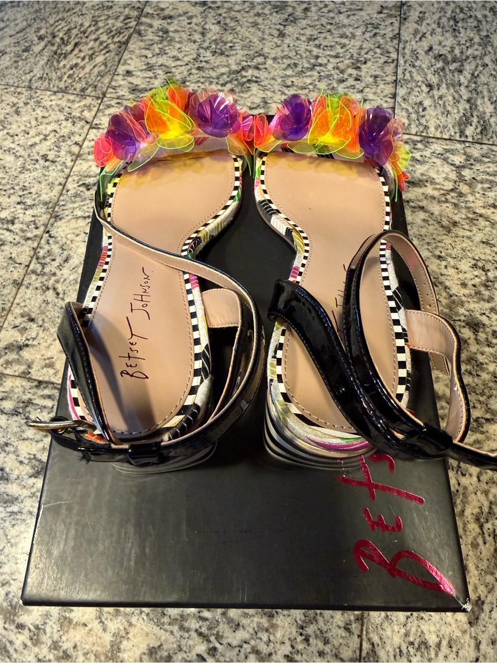 Betsey Johnson Black Ankle-Strap Sandals with Neon Floral Accents - Picture 5 of 6